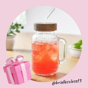 🌸 New The Pioneer Woman Clear Glass Mason Jar with Straw and Brown Wooden Lid